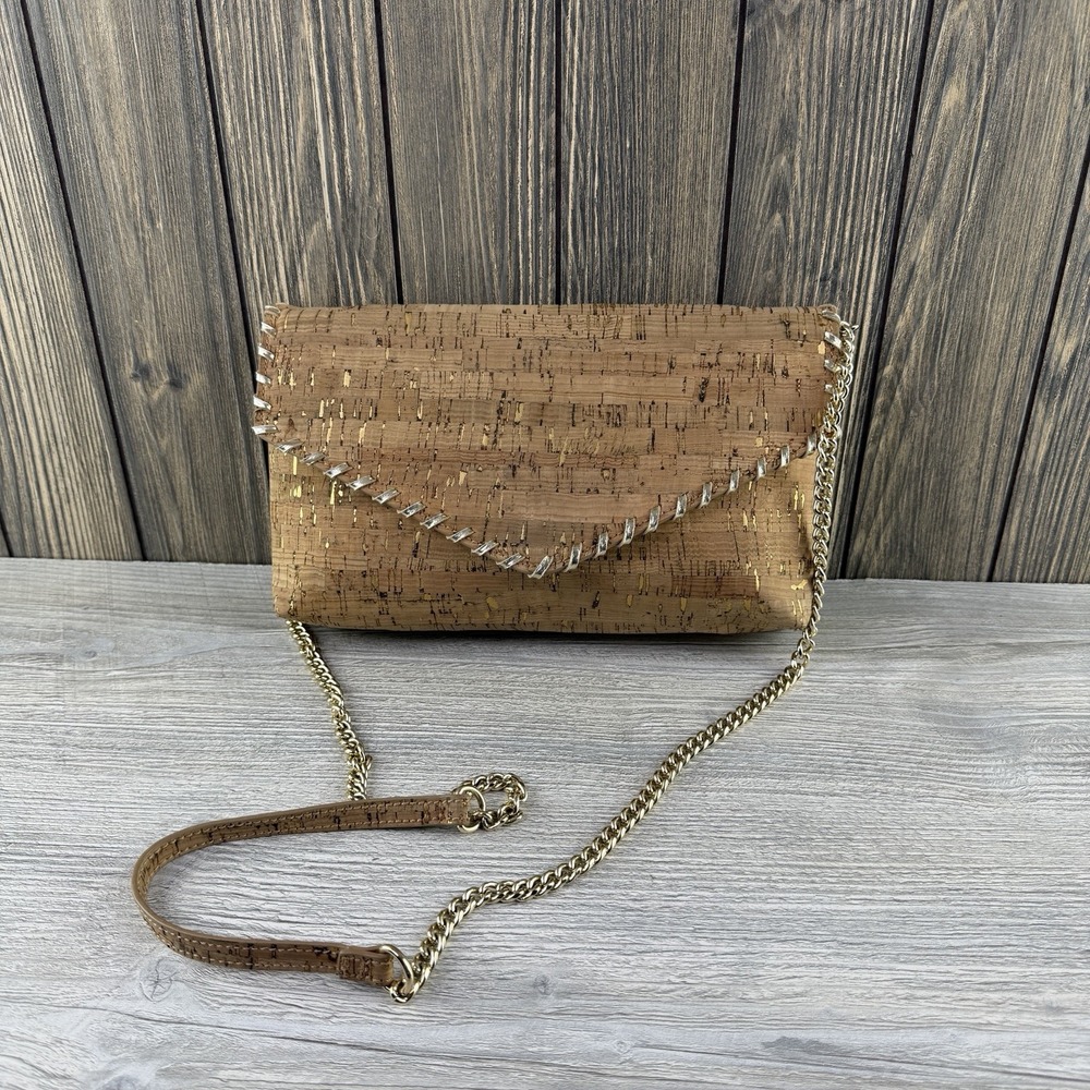 Lilly Pulitzer Madigan Cork Clutch Crossbody Bag Gold Chain Straps Natural